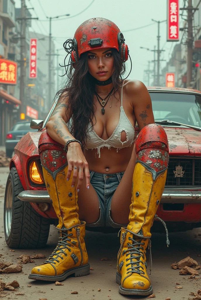 Hyperrealiastic, A beautiful woman dressed in a bra and gray tassel mini pants. Its entire body is made of a complex and colorful array of electrical wires. Her lips are red and her hair is beautiful blue,Carrying a softgun, there is a black Doberman dog. The background of a monster Jeep Wrangler car on a city road remains in ruins and chaos, standing in an elegant pose.Apply a fire effect to the building ruins. UHD bright colors