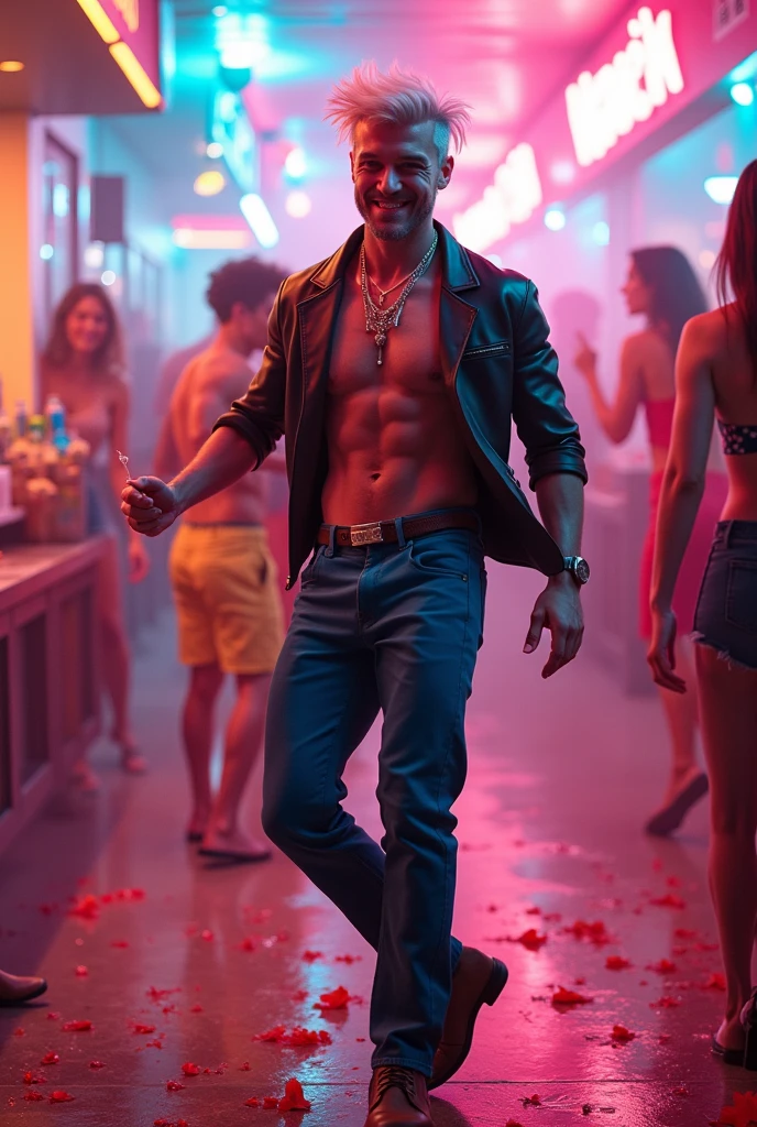 muscular Vin Diesel,shirtless,holding sparklers,party scene,night time,colorful lighting,dynamic pose,crowd in background,neon lights,confetti,disco ball,upbeat music,high energy