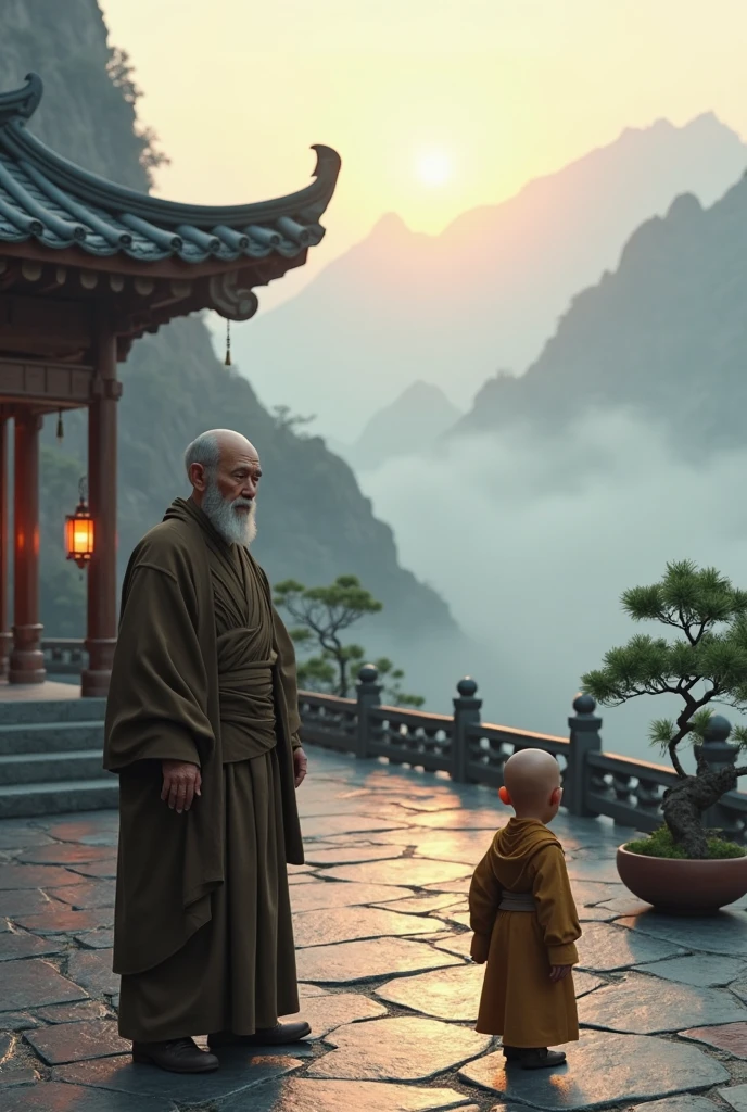 a little monk and an old monk standing side by side, extremely detailed and lifelike portrait, intricate details, realistic textures, dramatic lighting, cinematic mood, warm color palette, masterpiece, 8k, photorealistic, hyper-realistic, award-winning, highly detailed face, penetrating gaze, expressive features, flowing robes, ancient temple interior, detailed environment, ornate decor, dramatic chiaroscuro, fine art quality