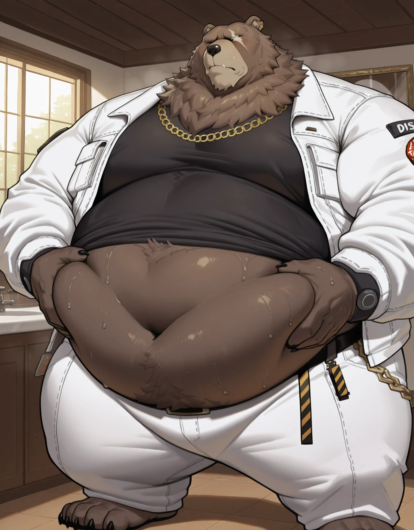 ben (zenless zone zero), (by taran fiddler), (by darkgem:0.8), (by chunie:0.8), masterpiece, (((detailed fluffy fur))), looking at viewer, scar, seductive, ((bedroom eyes)), bear, brown fur, fur, male, (manly:1.3), full body view, fat, musclegut, ((construction site background, sunshine, sun rays)), sitting on concrete, ((white construction jacket)), ((blue construction jeans)), construction tools, belt, (hard hat), ((sweating, sweaty, sweat)), ((gold chain)), detailed eyes