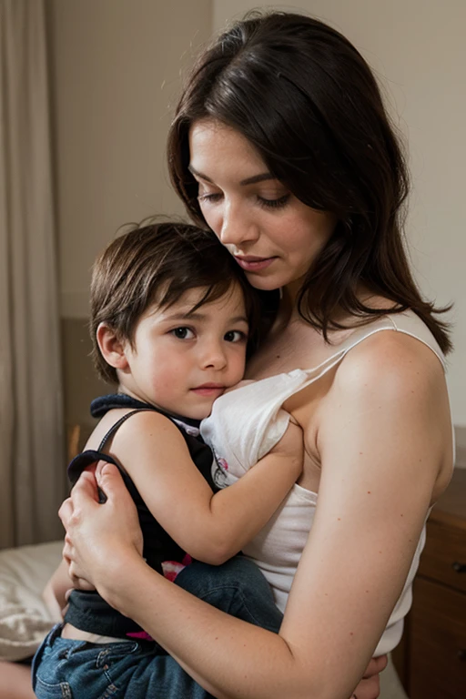 Take an ultra-realistic photo with an autistic child on his mother's lap, perfect hands, perfect face, ultra-realistic details holding a child on his lap, neurodivergent child, child with autism, with the child's arms and legs, perfect hands, perfect face, ultra-realistic details. child wearing clothes with the colors of the autism symbol, yellow, red, light blue, and dark blue, in a puzzle.