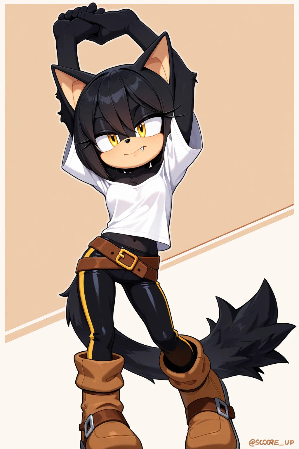 An anthropromorfic black cat ehit green eyes and the tip of his tail white, wearing a pull up diaper his size, he dose not seem to be happy for some reson