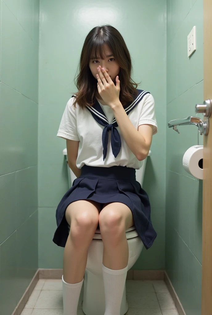 (A shabby and worn-out public restroom).Korean woman.korean beauty.Korean model.South Korean girl groups. She is wearing a ??????????? school uniform shirt, a blue tie, a black skirt, a short tight school uniform skirt, and black fishnet stockings that reach her thighs..
(Big hearted).realistic.G-cup ?????.
The pelvis is a supermodel. The shirt button is undone, revealing a black bra..(Sitting on the toilet seat . Arms tied above head.)Screaming face. There's a trashcan on the floor full of toilet paper..The legs are spread upwards, exposing the panties..