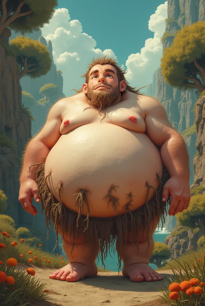 Fat and ugly Tarzan swinging from a vine eating yuca
