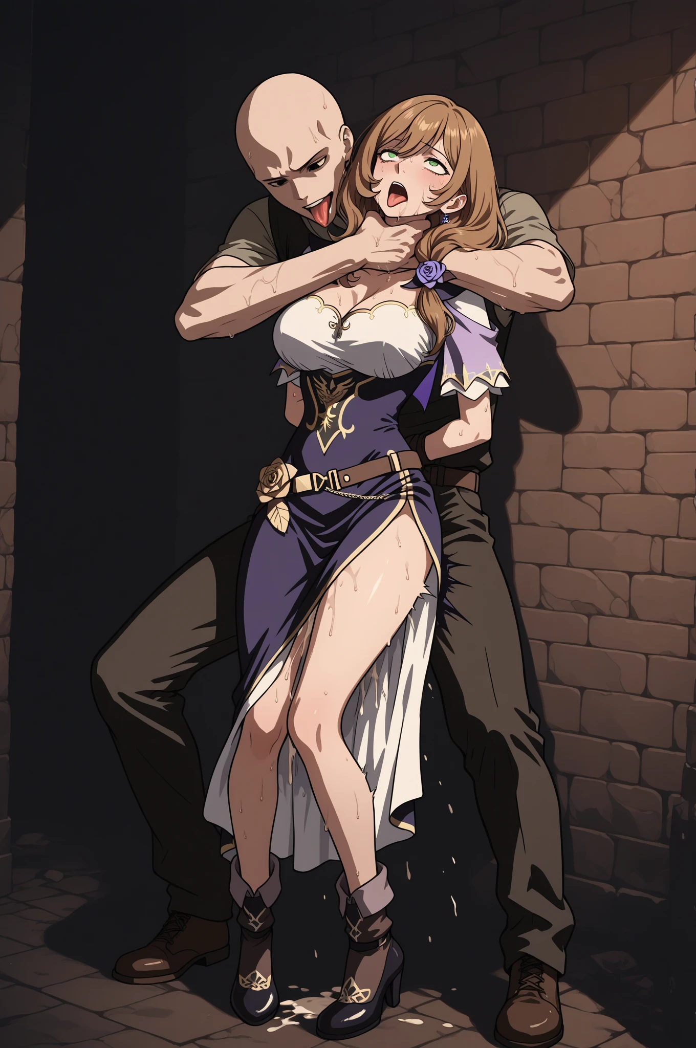 (((Emma Watson))), ((Standing beautiful mature female)), ((hanged by ugly men)), (((sweaty skin))), ((dark green dress warrior tunic)), fantasy village, muscular, armor, (((cleaving ????? in her ??????:1.2))), (((dark ?????:1.2))), (thin waist), large ????, perfect face, (restrained), (manhandled, beaten), ((broken steel armor)), ((brown long hair)), ((freckles)), (????????), ((tied)), ((hardly beaten by men:1.2)), ((puffy ?????:1.2)), ((dark fabric)), (((she is hit in the cheek:1.2))), (((violent hanging movement effect:1.2))), (((one ????? ??????:1.2))), (((violent ?????? view:1.2))), (((choking))), (((hanged, strangled by rope:1.2))), (((head thrusted by noose rope:1.2))), (((tense bigger rope above her head:1.2))), (((large jute rope))), (((throat strangulated by noose rope))), (((standing on tiptoes:1.2))), (((gallows))), (((insanely brutal throttle:1.2))), (((biggest puffy ????? ?????))), (((????? currently being pulled by a man:1.2)))