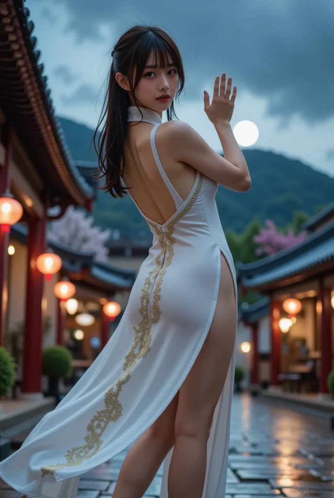 (((best quality))),(((ultra detailed))),(((masterpiece))),illustration,((1 beautiful girl,solo)),(short ponytail:1.2),((bright eyes,gentle smile)),((slim,thin)),((strapless,shoulder off,bare back,towering hips,butt crack)),(white see through sheer Hanfu:1.3),flowing fabric,serene demeanor,vibrant plants and trees,(Chinese-style architecture:1.3),tile roofs,intricate wooden carvings,rich and vivid colors,(serene glow of the moon:1.5),(((colorful clouds))),traditional Chinese garment,(((summer night,village courtyard))),((standing)),(from back:1.3),(upper body:1.3)
