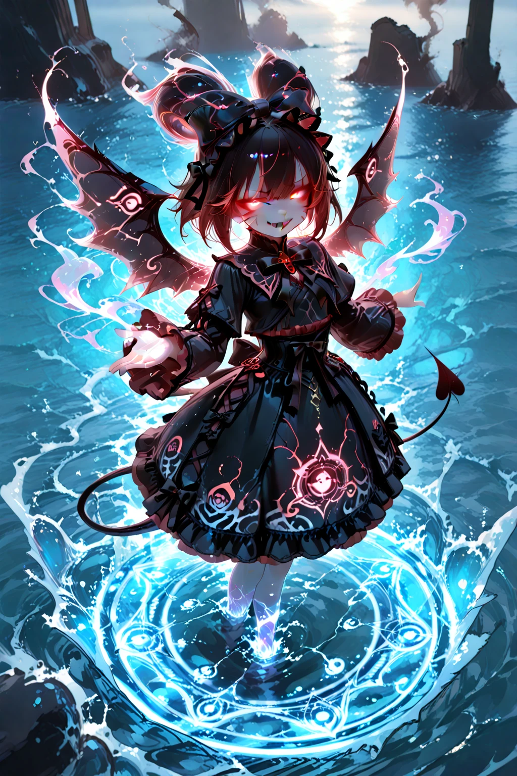 A demon girl wrapped in water currents, petite, cute, devilish, tail, wings, crooked teeth, mysteriously glowing patterns on her cheeks, mysteriously glowing eyes, reverent, smirking, gothic lolita made of water currents, sleeves and skirt lavishly decorated with ruffles and ribbons. She picks up the edge of her skirt and bows, an elegant greeting. A magic circle glowing mysteriously over the sea, electric currents emitted along the magic circle, mysterious smoke billowing. Rising thunderclouds, rough seas.
The perspective is from a high angle.