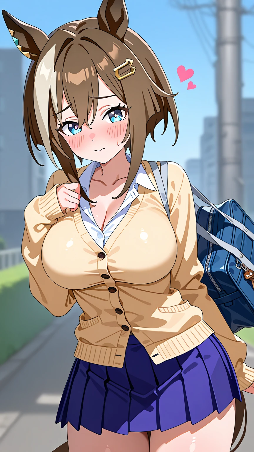 (a closeup、16 K、top-quality、high detailing、rich skin detail、nffsw)、NSFW、Watch everywhere、obedience、a matural female、:D、Surprised、One eye is closed、Wavy mouth、(((very Bigger breasts)))、Parted bangs、School uniform、Navy blue miniskirt、Cream cardigan、Pink Panties、brown haired、Brown-eyed、((short-hair))、((Forehead))、blushed、(big butts)、(thick thighs)、Sweat、In the street