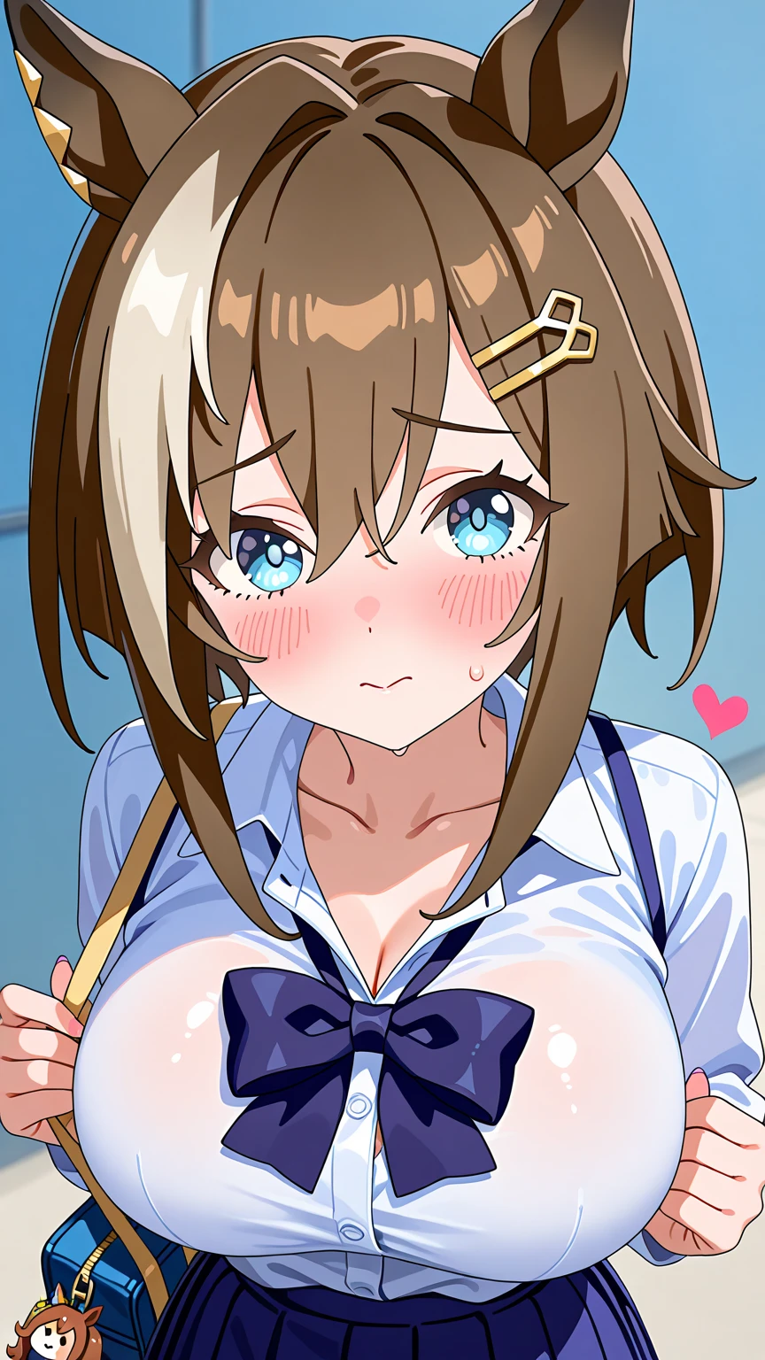 Highest quality,masterpiece, best resolution, nsfw, 1 girl, (portrait), close up, topless, (huge breasts:1.5), nipple,indoor, smile, standing, face viewer, horse ears, horse tail, Tokai Teio