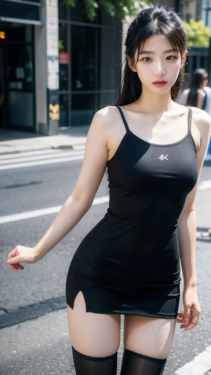 ((1 lady, wearing Dark grey t-shirts)), ((black tight leggings)), ((Casual Uniform)), ((Standing on the road)), zoom camera in the crotch, angle from below), looking to the side, very angry, blushing, ((background new york cityscape)), distressed, reluctant, glare, (sexual arousal:1.5, ) , NSFW, 8k, RAW photo, masterpiece, absurdity, top quality, high resolution: 1.1, ultra-detail, hyper-realistic: 1.4, realistic, photorealistic: 1.3, cinema light, film grain, closeup, full body, depth of field, eye focus, young, 85mm lens, f/1.4, Professional lighting, portrait, photon mapping, radiocity, physically based rendering, transparency, soft light, realistic face, realistic body, realistic skin, clean: 1.8, Dark red hair, hairstyle to match the trend of Japan in 2023, Huge-breasted not closed: 1.2, blusher, good style, (very dark lip gloss, bright red lipstick, so many eyelashes, blue eyes, pitch black eyeshadow Huge-breasted detail hand), company, camel toe, long legs, PureErosFace_V1: 0.8, dynamic pose
