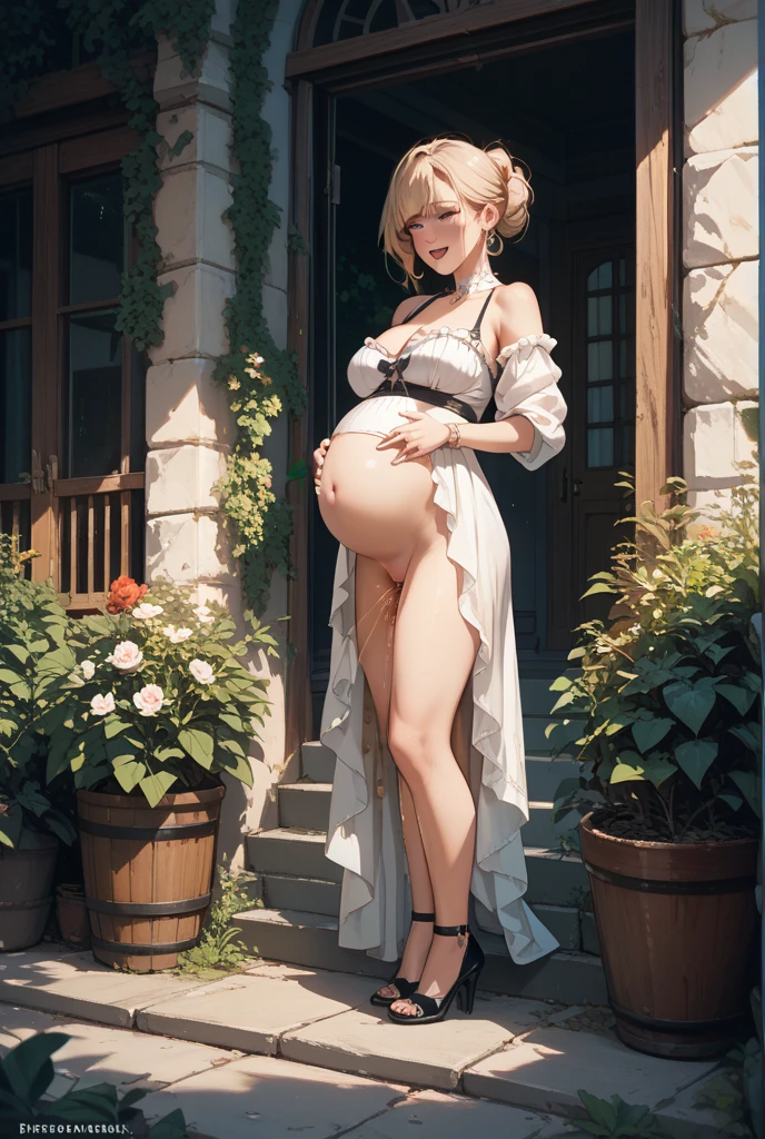 (8k Very Detailed CG Unit Wallpaper), (Best Quality), (Best Illustration), (Best Shadow), (Detail: 1.4), 3D, HDR (High Dynamic Range), Ray Tracing, NVIDIA RTX, Super Resolution, Subsurface Scattering, PBR Texture, Post Processing, Anisotropic Filtering, Depth of Field, Maximum Sharpness and Acutance, Multi-layer Textures, Albedo and Highlight Mapping, Surface Shading, Accurate Simulation of Light-Material Interactions, Perfect Proportions, Octane Rendering, Two-tone Lighting, Wide aperture, low ISO, white balance, rule of thirds, 8K RAW, intricate detail, fine pattern, deep shadows, masterpiece, realism, roughness, ultra-realistic, shot on Canon EOS R5, 50mm lens, f/2.8, sharp focus, smooth, roughness, real life, realism, photography, 8k ultra hd, dawn, medieval town, medieval kingdom, (on he top of castle), 1 girl,graceful princess,mature female,blonde hair,short hair,ponytail,blue eyes,white golden gossamer cloak,white golden gossamer skirt,white golden gossamer gloves,white golden lace underwear, white golden thong, necklace, necklace, earrings, earrings, crown, white silk socks, jewels, jewelry, head ornament, hands ornament, legs ornament, bracelet, anklet, high heels, huge breasts, large breasts, big breasts, bursting breasts, big breasts, full breasts, narrow waist, Bare ass, big ass, bare belly, bare navel, sexy, wet, wet body, sweat, shiny skin, perfect female body, wet, wet body, sweat, shiny skin. view from front, pregnant