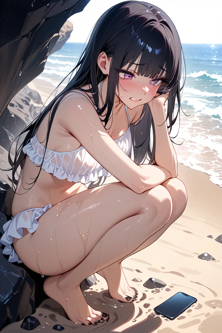 1 girl, white lingerie, sitting on the beach, smiling, blushing