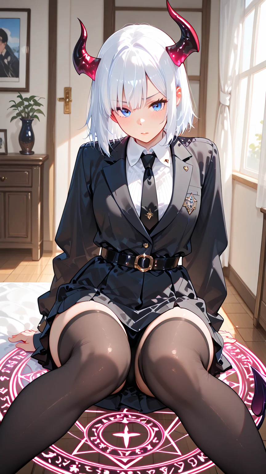 One lady,{Best Quality}, {ultra-detailliert}, {very detailed illustration}, Top image quality,silber hair, Aimei, embarrassed from,breastsout,red blush,Black tie,{Suspender Skirt},suspenders,skirt by the,long-sleeve,Casual clothing,a bed,all-fours,{bustup},front-facing view