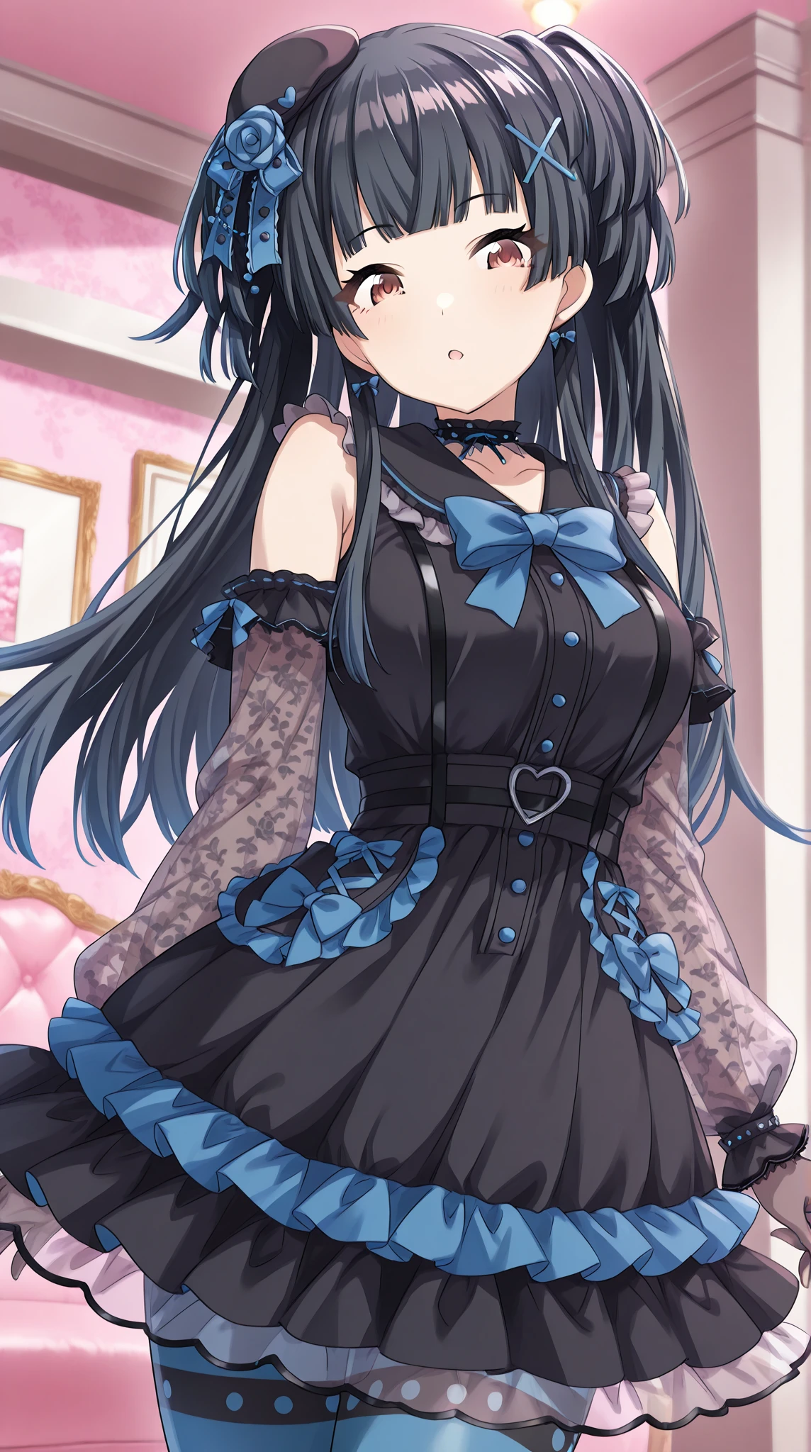 ((best quality)), ((highly detailed)), extremely detailed face, beautiful face, , (1girl), dynamic pose, cowboy shot, (((wide shot))), <lora:hairdetailer:.8>, <lora:PSG_Stocking-V2:.8>, anarchystocking, blunt bangs, very long hair, colored inner hair, blue eyes, makeup, medium breasts, black dress, bow, puffy sleeves, striped legwear, (inside, at a cabin)
