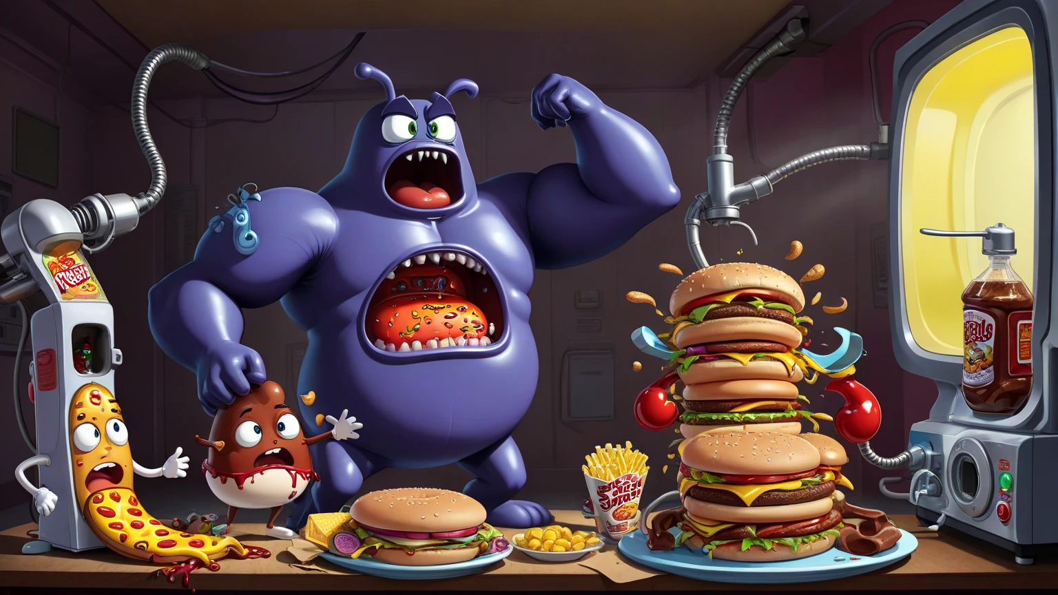 3d render, cryengine, machoke, muscular, arm marking, red eyes, black briefs, belt,looking at viewer, smiling, happy,
sitting, indoors, diner, table full of food, eating food, burgers and fries, detailed background, 
playful ambiance, extremely detailed,  HDR, 