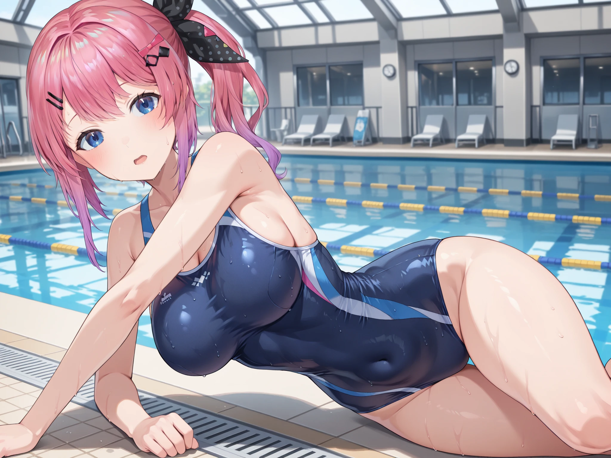 masterpiece、Highest quality、High resolution、Looking up、Long Hair、Ahoge、hair ornaments、Green Eyes、Large Breasts、Put your arms behind your back、Leaning forward、Are standing、Outdoor、smile、Open your mouth、School Swimsuit、M-shaped legs、Pool