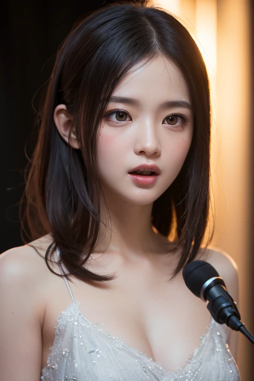 (masterpiece:1.3), high resolution, ultra detailed, extremely detailed CG unity 8k wallpaper, realistic, photo-realistic, RAW photo, beautiful detailed face, pale skin, realistic glistening skin, detailed cloth texture, detailed hair texture, Perfect body, Beautiful Face, accurate, Anatomically correct, Highly detailed face and skin texture, natural neck length, (beautiful hands), (fair skin:1.1), (well-aligned teeth:1.1), (Sweaty skin:1.2),
BREAK,
Detailed eyes, symmetric eyes, Light Brown eyes, Double eyelids, Thin eyebrows, (Glossy lips:1.4), ((A face with waiting for a kiss:1.2)), (blush:1.1), (A sparkling small hair accessory:1.1), (beautiful smile:1.1), (having microphone:1.3),
BREAK,
(A classy and Cute idol:1.3), (nude, nsfw, nipple:1.4),
BREAK,
medium large breasts, slender figure, firm abs,
((ponytail, black hair, bangs:1.2)), (cowboy shot:1.2), (looking at viewer), cowboy shot, From above,
BREAK,
(dancing on stage:1.3),