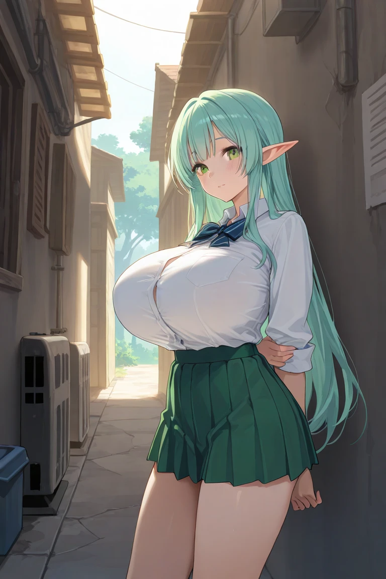 1girl in、white hair、Green White Dress、verd s eyes、Braids、verd s eyes、Bare legged、 jewely、see -through、see the beholder、hair adornments、a choker、full of shyness、 (masterpiece、top-quality、top-quality、Official Art、Beautifully Aesthetic:1.2)、(1 girl in)、ighly detailed、colourfull、highestdetailed、 (huge tit:1.2、)The upper part of the body、(frombelow)、cammel toe、skirt rift、 城市、a street、suns、云、walls、Leaning、Navel、 鎖骨、thighs thighs thighs thighs、(holding up the skirt with both hands)、((Pussy))、(Nipples are visible)、(Crotch wide open)、
