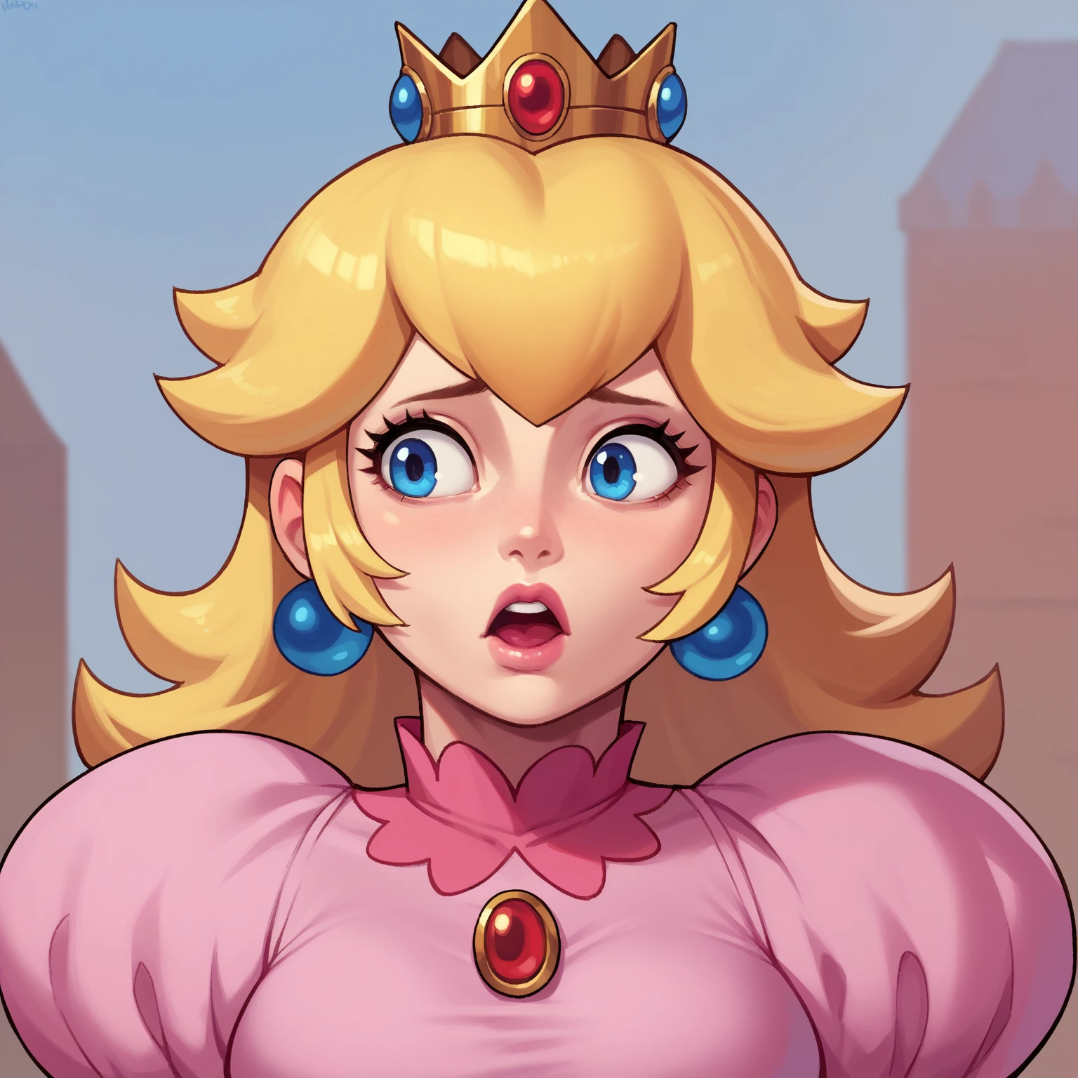 score_9,score_8_up,score_7_up,source_cartoon,source_anime,1girl,intricate,outdoors,castle,highly detailed,soft lighting,soft particles,glowing,medium breasts,curvy,digital art,realistic,princess peach,pink dress,upper body, focus on face, detailed mouth, mesmerizing mouth, high definition mouth, focus on face, best quality, detailed, absurd resolution, absurd detail, intricate details, vibrant colors, ultra-realistic, open mouth,