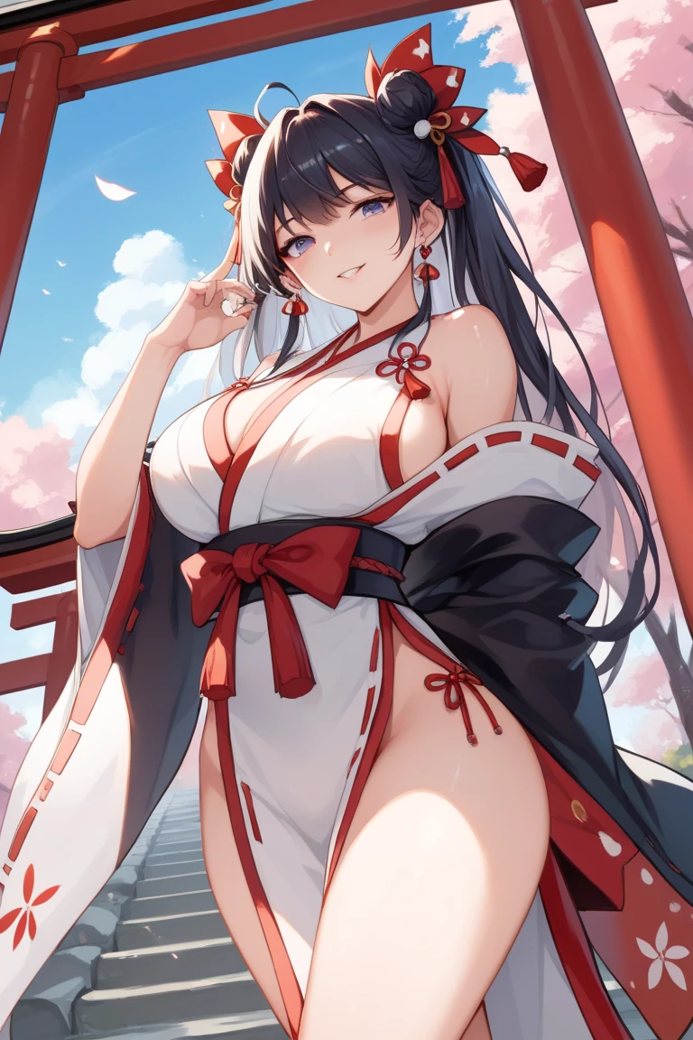 masterpiece、ultra-quality、ultra-detailliert、Perfect drawing、CG、3D、8k、illustratio、Beautiful Face Girl、One Japan Beautiful Girl、Samurai costume、(((ridiculously large breasts)))、(Ridiculously huge breasts:1.5)、((huge udder))、kimono、komono、hakama、A dark-haired、poneyTail、big red ribbon、He is equipped with two Japan swords on his left hip.(Tachi 120cm、Wakizashi 90cm)、Japanese armor、hand armor、Pot metal(A bowl roll with a metal plate on the forehead)、low-hanging eyes、cute little、Dignified and cute look、cute smile face、hand on sword handle、Round cute ass、Look back with a smile、Butt sticking out pose、 3 Size B90W60H95、Moonlight leaking through the clouds、Old castle、ruins、Gradient sky、Beautiful girl in a loincloth Japanese clothes Shirtless Rich breasts Back appearance Cute Well-formed face Loli big ass Looking back with a cute smile Measurements B95W60H90、master-piece,hyper quality, hyper detailed,perfect drawing,独奏、gorgeous、Beautiful、solemnity、graceful、dazzling、Flowers and Birds Fugetsu、Fantastical、Passionate、Dynamism、Feeling of sprinting、A quaint masterpiece、ultra-quality、ultra-detailliert、Perfect drawing、CG、3D、8k、illustratio