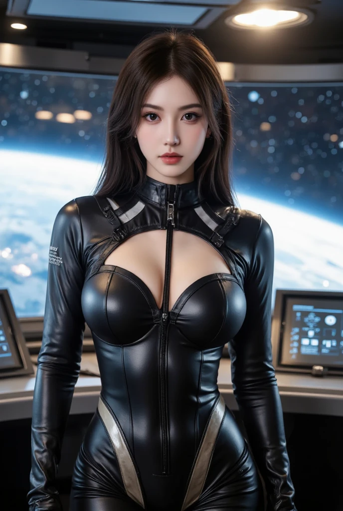 Full body image of A sexy korean girl wearing sexy leather suit, standing amidst somewhere in galaxy, very big tits cleavage can be seen, high quality, realistic, photography, ultra realism, epic