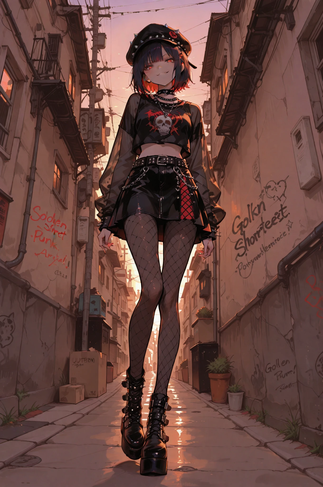 Ultra-realistic 8k CG, masterpiece, best quality, (photorealistic:1.4), absurdres, extremely detailed, real hair, life-like, horror scene, dark setting, provocative pose, girl covered in slime, implied fingering, hand under clothes, fingering, walking on the street, messy purple-black hair, blue eyes, very skinny, goth girl, rolling eyes, wet goth clothes, wearing pink panties, choker, high shoes, full-body fishnet, skull print, squirt, very horny, heart pupil, tongue out, drool flowing from her mouth, aphrodisiac, long black nails, large tattoo, very sweaty body, wet pussy, small breast, wet breasts, small ass, nipple pierced, gothic accessories, gothic neck belt, gothic belt, pierced elf ears, wolf ears, ahegao, 6 years old, blush, embarrassed, squirting, 115cm tall, wet, wetting
