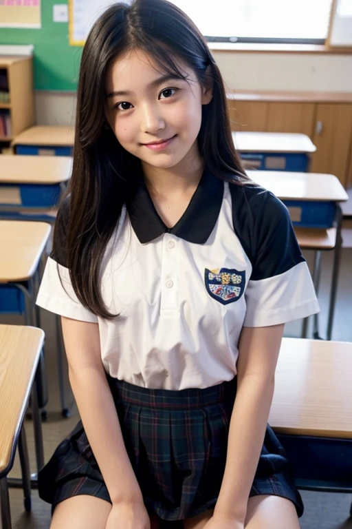 (tmasterpiece, Top image quality, A high resolution、独奏、small tits，Japanese high school uniform、High school students，High-Ponytail hairstyle、no-bra、full body Esbian、Girl sitting on the ground，student uniform，student clothes，white stockings，White tall stockings，a black pleated skirt，White color blouse，A smile、A slight smil、Tekatka skin、glowy skin))、Sweaty face、latina, puberty, full of sweat、red lipsticks、‎Classroom，独奏、