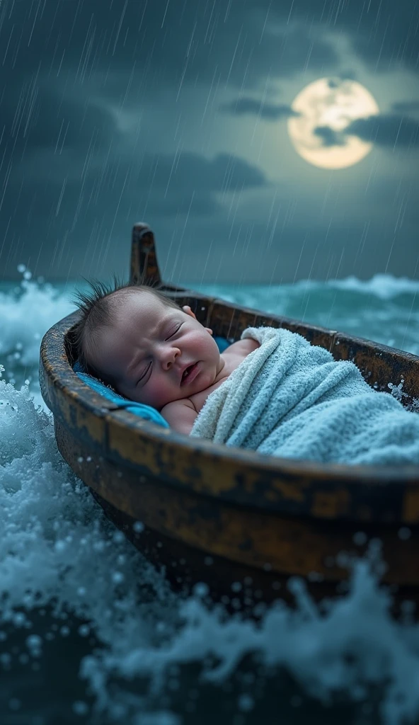 High quality. 4k, in the image there is a wide sea, in the sea there is a new born baby placed inside baby basket and the little waves moving him towards the seashore. The face of the baby covered with lights and his body covered by baby clothes. The basket fit the size of the baby perfectly, the sky is full of small stars and big full white moon. Some trees beside the sea.