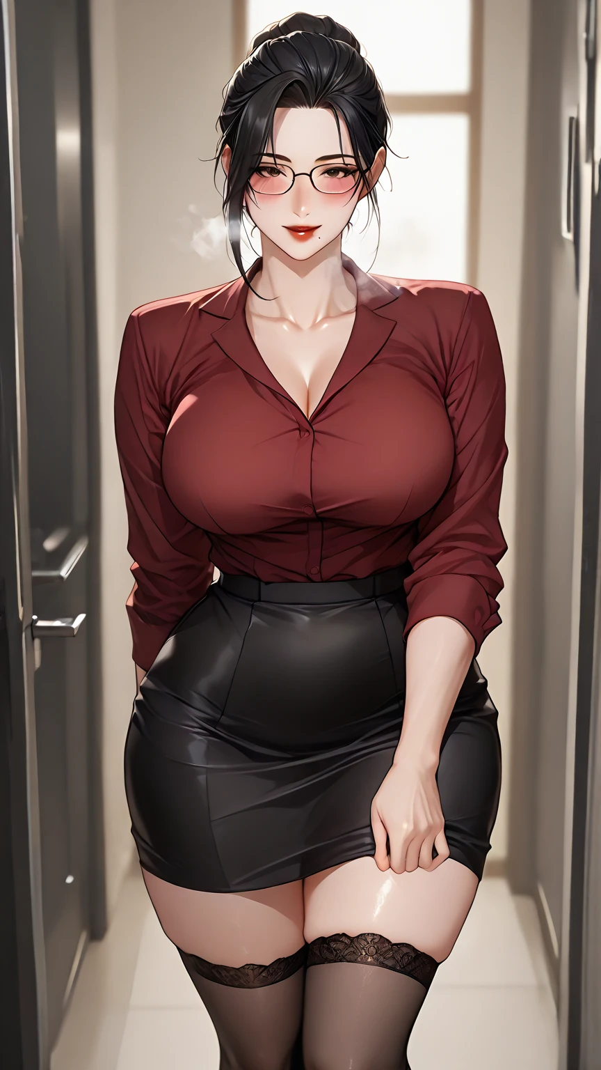 (best quality:1.4), assumi,BREAK,(red hair:1.3),(slicked back hair:1.3),full lips, makeup, BREAK,( yellow eyes:1.4), choker, hoop rings, BREAK,(black turtleneck with long sleeve:1.3), big breasts,bracelets,(long fingernails:1.4), BREAK (leather red skirt:1.3), lace-pantyhose,high heels,sit behind desk,