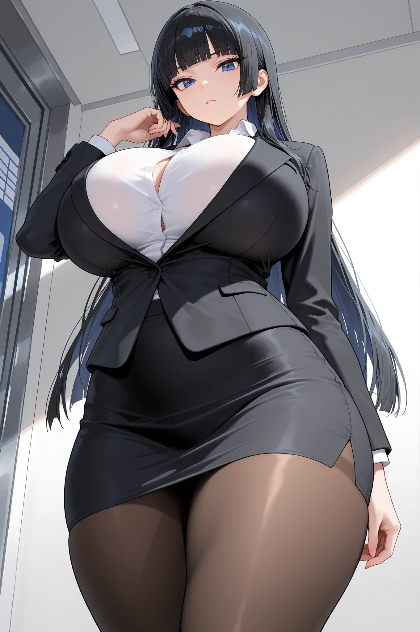 Super-detailed, 8k HD, 1 girl, solo, long black hair, slender hips, thick thighs, huge and droopy breast, huge round ass, black office suit and mini skirt, cravat, walking in the hallway, serious face