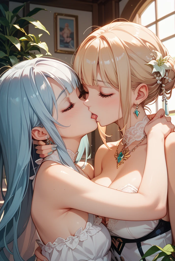 Create a shynessembarrass playing scene, blushest of embarrassment because her in a watermark-ICEmetallic-sparkly-G-string-leotard is too revealing cut away at the hips,masterpiece, Highest quality, Confused, Perfect ???????, Two Girls, Hug face to face,Deep kiss with intertwined tongues, city, Outdoor, Cowboy Shot, smile, Silver and gold hair,Cute innocent girl, A large, swaying bust, Sensual expression,Severe, Shyness,, ultra-detailed,lovely elegant,shynessembarrassed,extremely detailed, 4K, 8k, super detailed game CG, delicate, Shynessの表情, as the shynessembarrassed ceremony Group photo,in the background proudest moment, ultra-high-leg-leotard,blushest of embarrassment because so many people stare at me