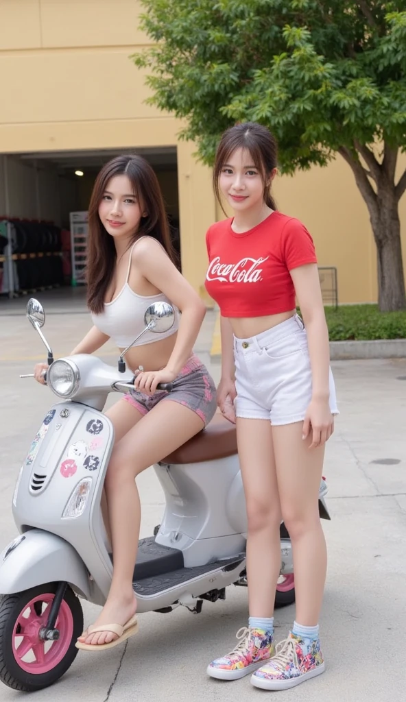 Asian teen with big boot and breast wearing white tight jean short and crop top