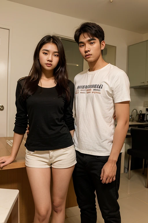 Couple of handsome young man and beautiful Korean woman,Both ?????,The air conditioner is being repaired in the living room.