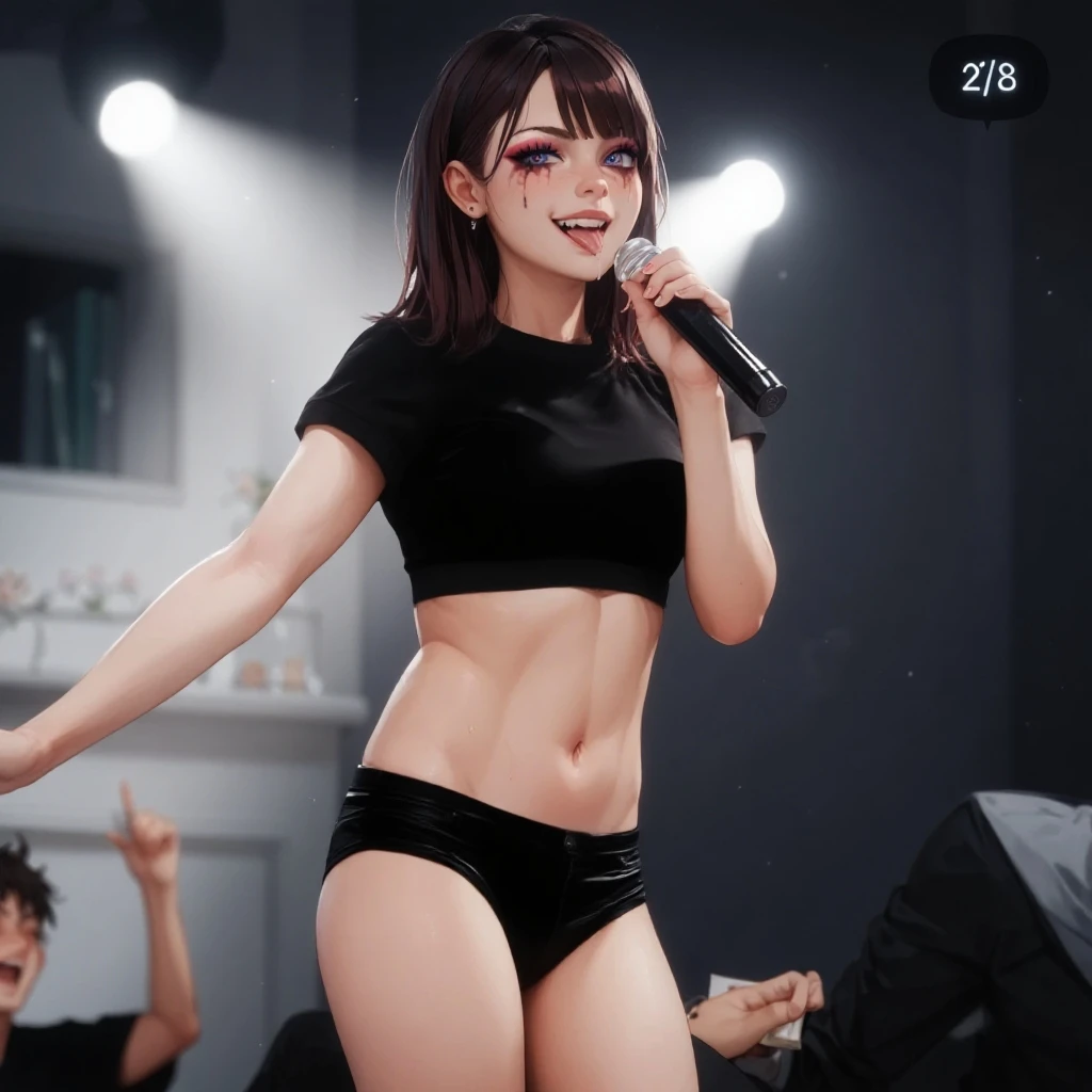 full body, nude body, (beautiful Korean female bodybuilder:1.2) in her 30s, 4k, masterpiece, (highres, soft lighting:1.2), (absurdres:1.8), deep depth of field, sharp focus, alluring pose on stage, life like skin texture, muscular jaw, long hair with highlights, very round and (small breasts, pubic_hair:1.3), small glutes, Smirk, 70mm, remarkable use of texture form and natural colors, capturing the essence of reality without artificial manipulations, colors are subdued and muted, perfect shaped nipples