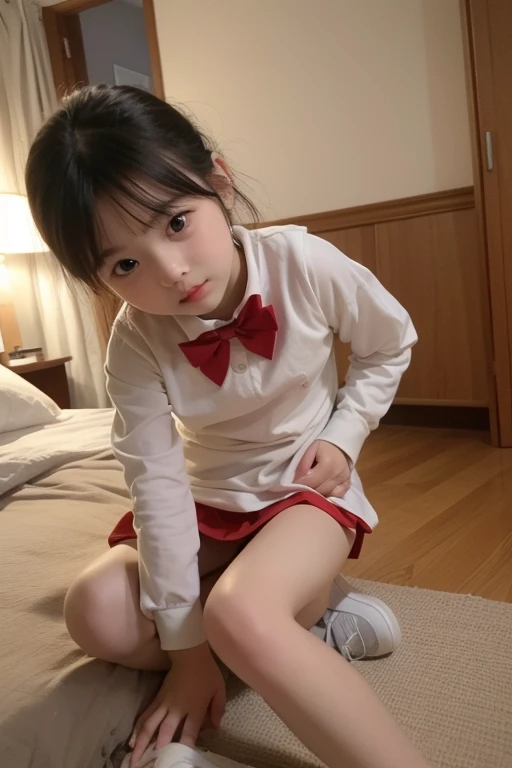 Cute and lovely elementary school first grade girl pretty face full body sitting full body photo small child sexy naughty children bed short skirt temptation panties visible revealing skirt body photo naughty