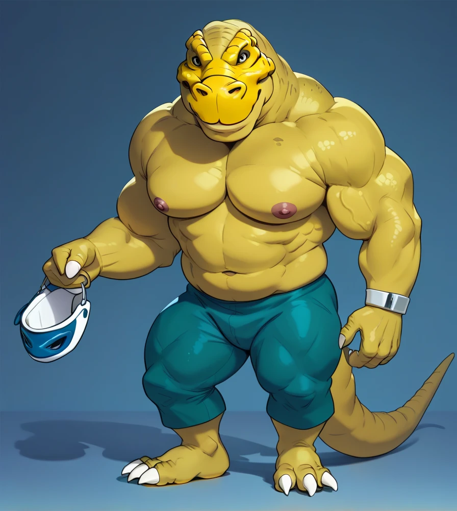 Machoke (Pokemon), Male machoke, spreading legs, massive crotch bulge, looking at crotch, clenched teeth, blue spandex pants, gardening, pulling turnip, sweaty, squatting, hands on crotch, mario bros 2.