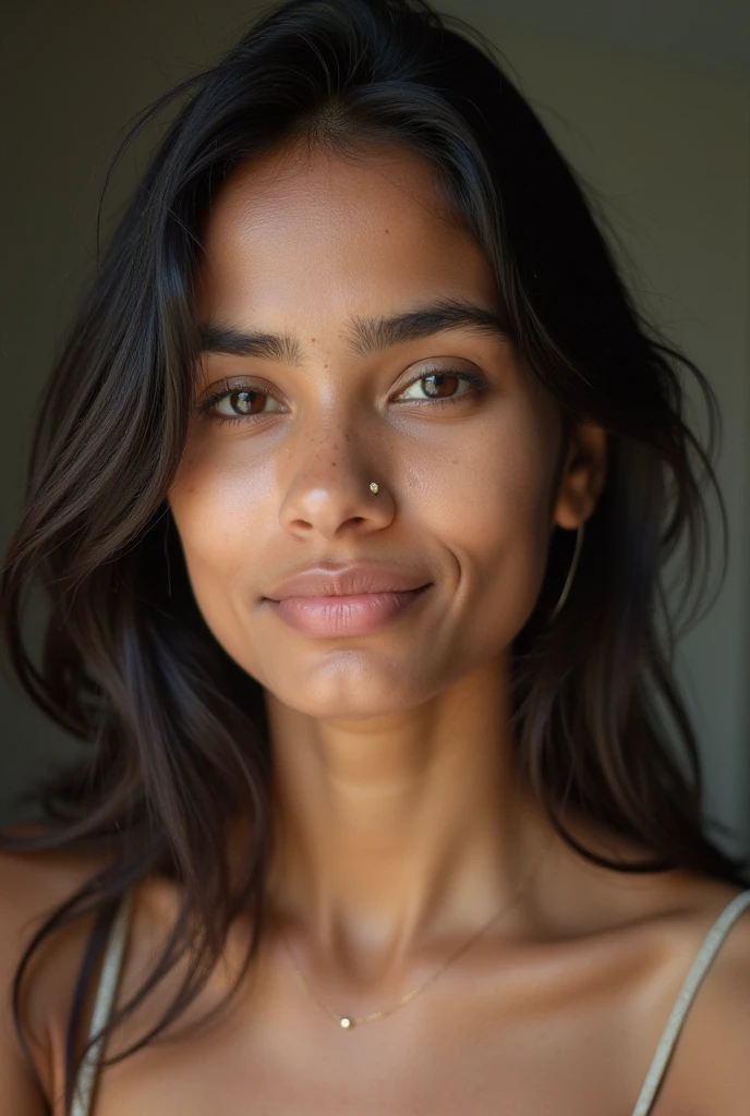 A 22-year-old black woman, with curly black hair, and a mole near the lips. She's wearing casual, comfortable clothes, typical to use at home, no sensual connotations. Her appearance is beautiful and reflects a common Brazilian face. The photo should look as if it were taken on a cell phone, capturing an everyday moment with natural lighting. The image must be 8k quality, with photographic realism that shows every detail in an authentic and natural way.