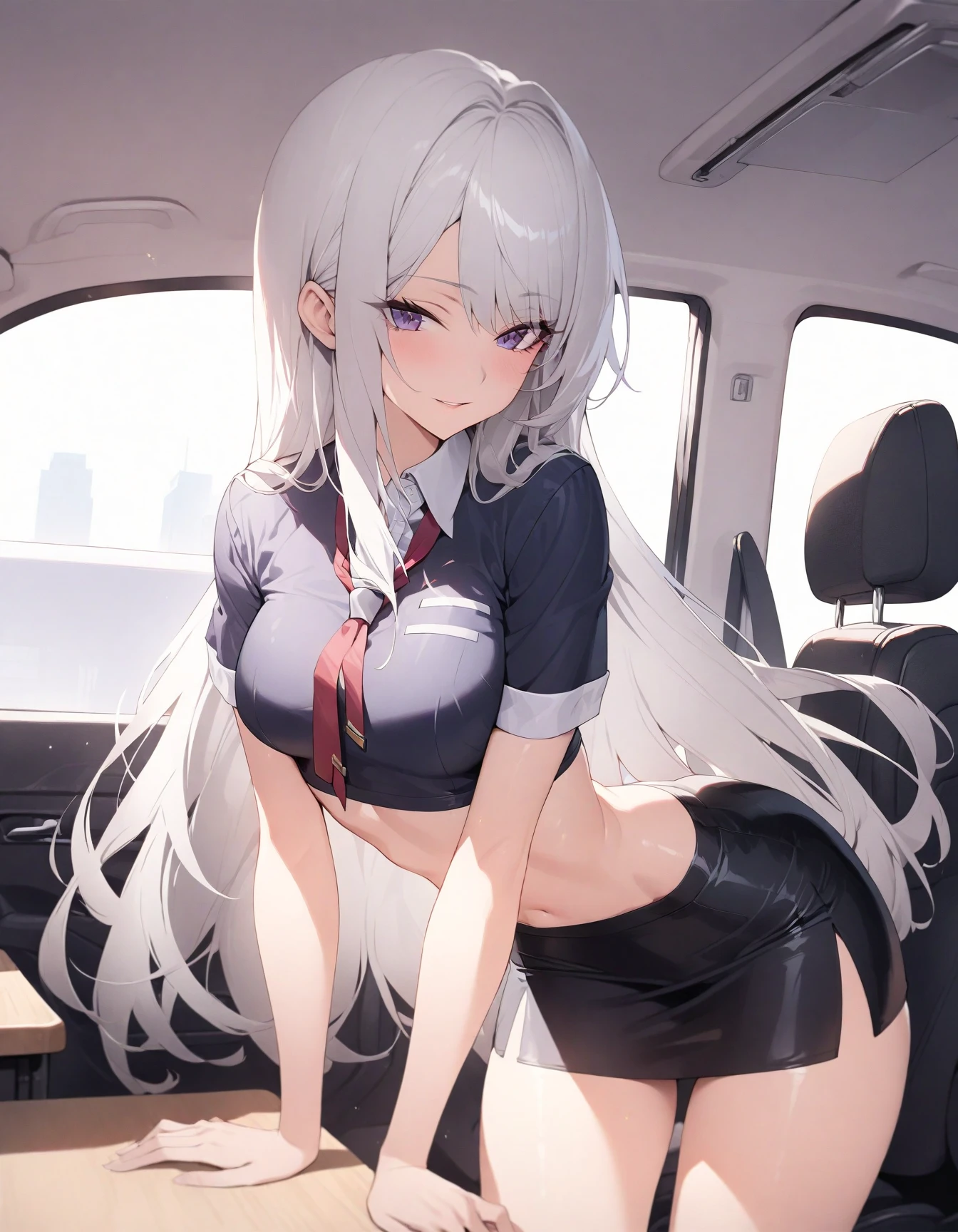 ((8K, Highest Quality, Masterpiece:1.3)), Ultra High Quality, (1 Girl, 1 Person), (Color Changing Eyes, Super Detailed, Expressive Sparkle, Sparkling Eyes), Highly Detailed Eyes, Highly Detailed Face, Random Hair, (Silver Grey Color), Revealing, Floral Blouse, High Waisted Flared Skirt, Round Frame Sunglasses, Lace-up Ankle Boots, Pearl Necklace, Pale Lip Color, Wavy Hair, (Cute Bra, Cute Panties:1.2), (Ecstatic Face:1.3), Sitting with Legs Spread, Cleavage, Wet Panties, Angle from Below, White Skin, (Car Seat, Dim:1.2), Fantastic Light