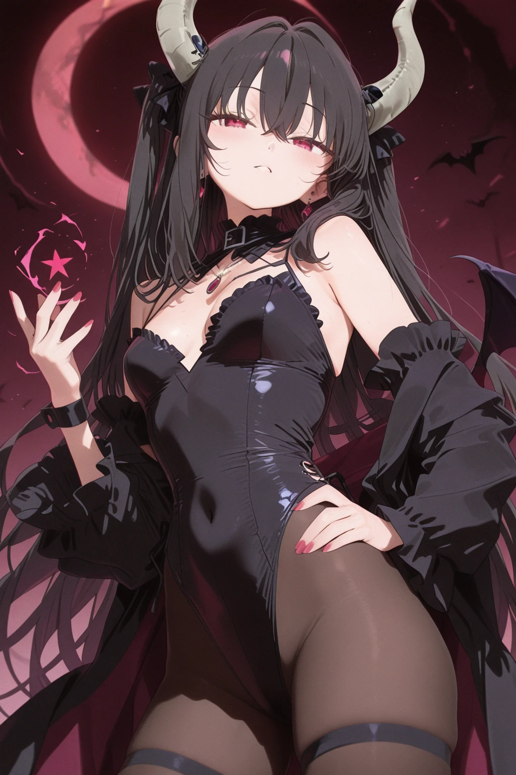 masterpiece, best quality,de-homura, 1girl, akemi homura, akuma homura, solo, long hair, gloves, thighhighs, black hair, wings, elbow gloves, argyle, purple eyes, black gloves, bare shoulders, dress, bow, hair bow, looking at viewer, argyle legwear,(kbxll:0.6)