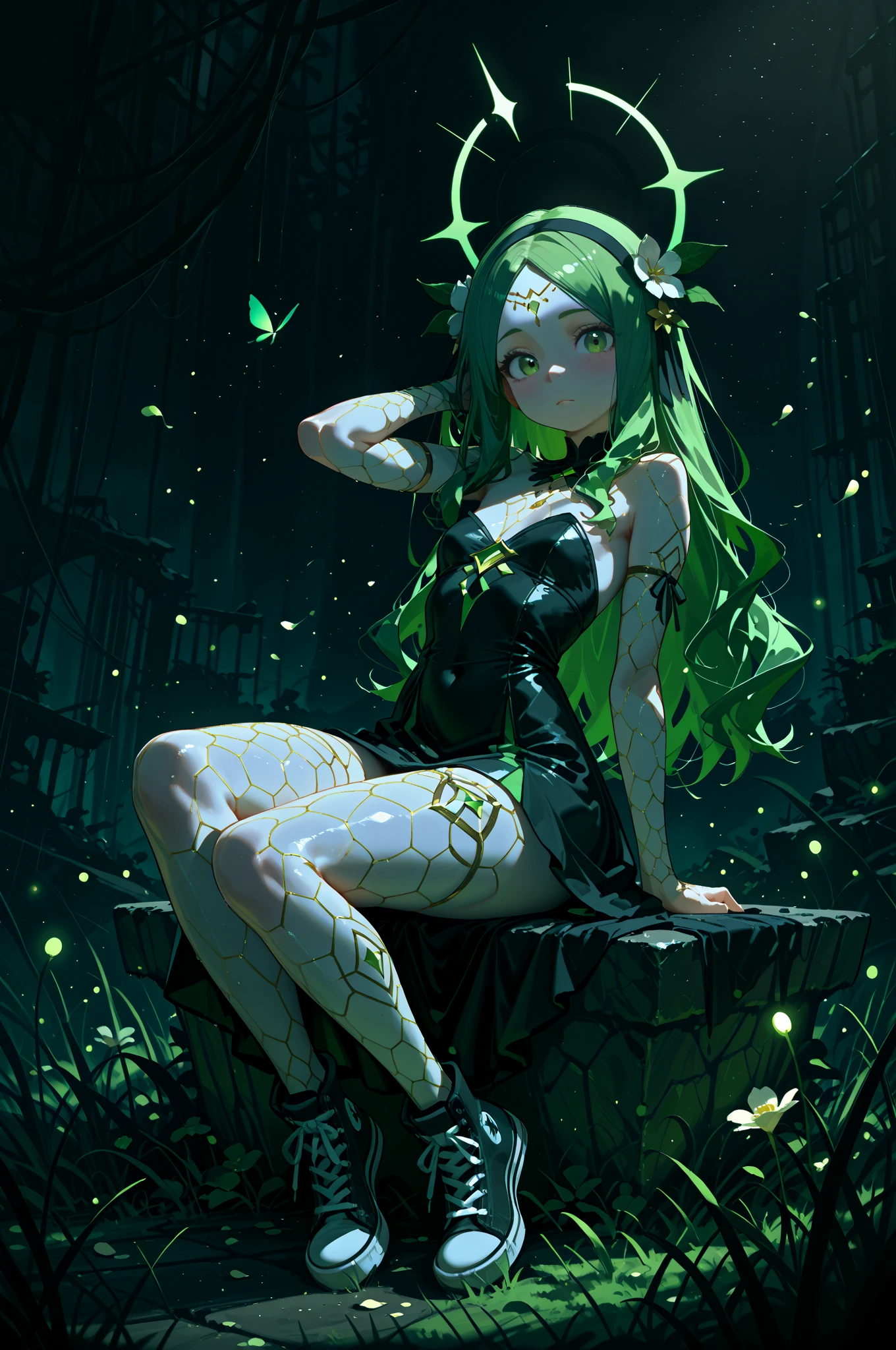 ((4k, masterpiece, top-quality)),8k, best quality, high resolution, HD, unity 8k wallpaper, (illustration:0.8), (beautiful detailed eyes:1.6), extremely detailed face, perfect lighting, extremely detailed CG, (perfect hands, perfect anatomy), super complex details, intricate details, white skin, green hair, blue eyes, musical note, microphone, black dress, a music note-shaped headset with a microphone, Pokemon, meloetta, meloettta, meloetta \(aria\), small breasts, cleavage, navel, t-shirt, ((bra)),clothes lift, skirt, lying, full Body, perfect body ,sitting, armpit