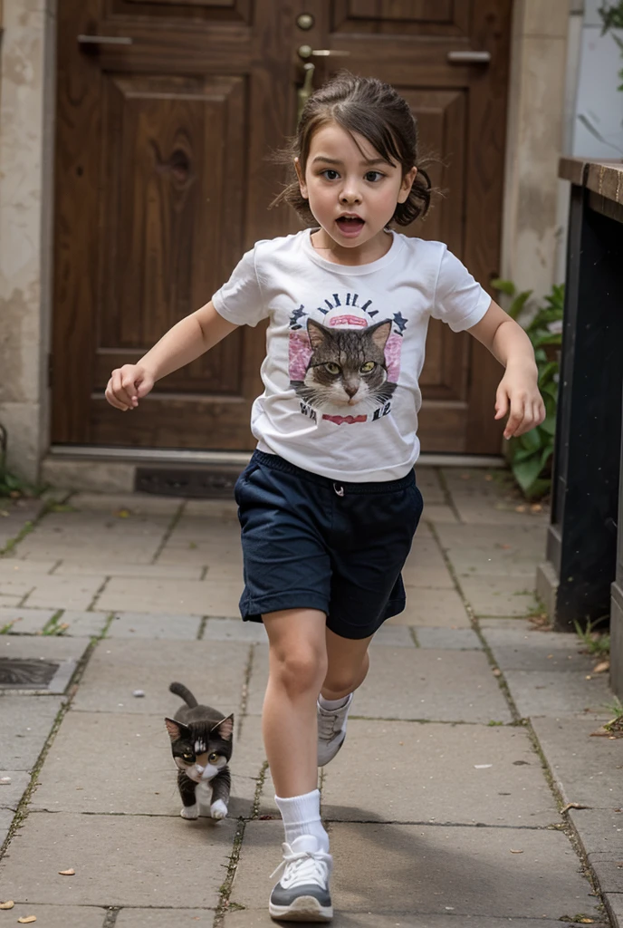 Drawn a little boy in front of a car with a cat