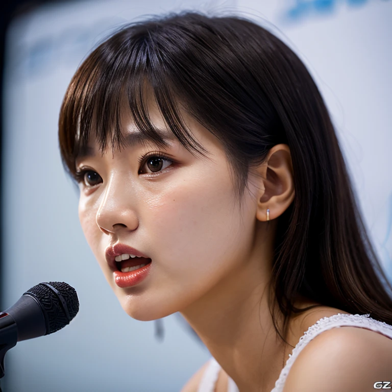 (masterpiece:1.3), high resolution, ultra detailed, extremely detailed CG unity 8k wallpaper, realistic, photo-realistic, RAW photo, beautiful detailed face, pale skin, realistic glistening skin, detailed cloth texture, detailed hair texture, Perfect body, Beautiful Face, accurate, Anatomically correct, Highly detailed face and skin texture, natural neck length, (beautiful hands), (fair skin:1.1), (well-aligned teeth:1.1), (Sweaty skin:1.2),
BREAK,
Detailed eyes, symmetric eyes, Light Brown eyes, Double eyelids, Thin eyebrows, (Glossy lips:1.4), ((A face with waiting for a kiss:1.2)), (blush:1.1), (A sparkling small hair accessory:1.1), (beautiful smile:1.1), (having microphone:1.3),
BREAK,
(A classy and Cute idol:1.3), (nude, nsfw, very erotic nipple:1.4),
BREAK,
medium large breasts, slender figure, firm abs,
((half updo, black hair, bangs:1.2)), (cowboy shot:1.2), (looking at viewer), cowboy shot, From above,
BREAK,
(singing on stage:1.3),