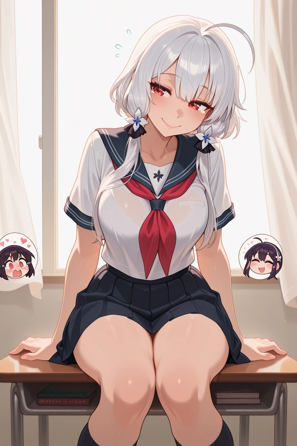 Masterpiece:1.2, Best Quality), 1lady, Solo, 17 years old, Little sister, White hair, Long straight hair, Red Eye, serafuku, Slender, Cropped Top, sskirt, class room, schools, Dinner time, embarrassed expression, Seductive thighs, white tights, You can see the panties through the skirt, Bewitching posture, Obscene, blushed, Model-like body, perfect legs, Perfect arm, perfect fingers, open your legs, lean back in a chair, masturbation, striped panties, embarrassed expression, snaggletooth, Sitting, Spread your legs apart, Keep your gaze straight ahead, Gaze towards the audience, embarrassed expression, I kept my mouth shut, parted lips, shining pupils