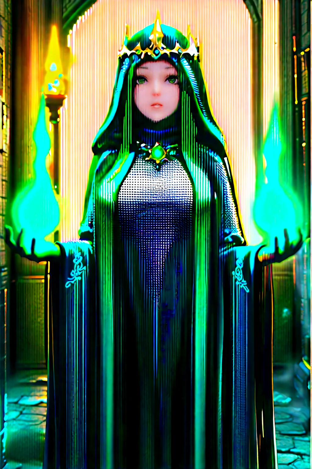 Delicate, Glowing feathers, Surrounded by shiny things, Magical Creatures of the Enchanted Forest Scattering beneath the Skin Surface, Glowing Skin, Rainbow Dress, Detailed Background, ([Elizabeth Olsen|Anne Hathaway|Selena Gomez]:0.8), Round and cute face, Green Eyes, close, Incredible detail, Nikon D850 film stock photos Kodak Portra 400 camera f1.6 Lenses, Rich colors, Realistic texture, Dramatic lighting, Unreal Engine, Trending on Art Station, Cinestill 800 Tungsten