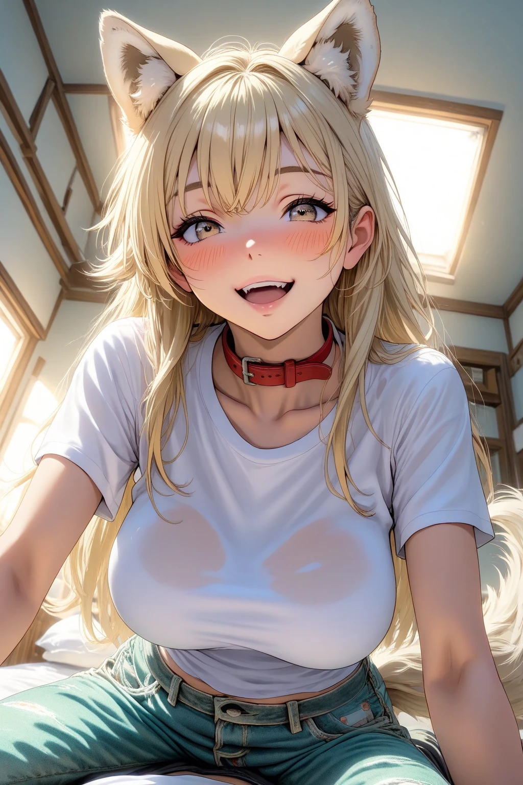 from front, cowboy shot, breasts focus, 1girl, (yellow hair color, ponytail, orange eyes, pink lipstick, pink floral decoration on head), break (bent_over, shushing:1.5), (completely nude), sagging breasts, cleavage, smile, one eye closed, depth, bedroom, masterpiece, high quality, best quality, beautiful, hd, perfect lighting, detailed face, detailed body, masterpiece, best quality, intricate details, 8k uhd, perfect face, perfect eyes, ((opening legs)), semen all over body, (((riding dick))), laying in bed, ((huge ass))