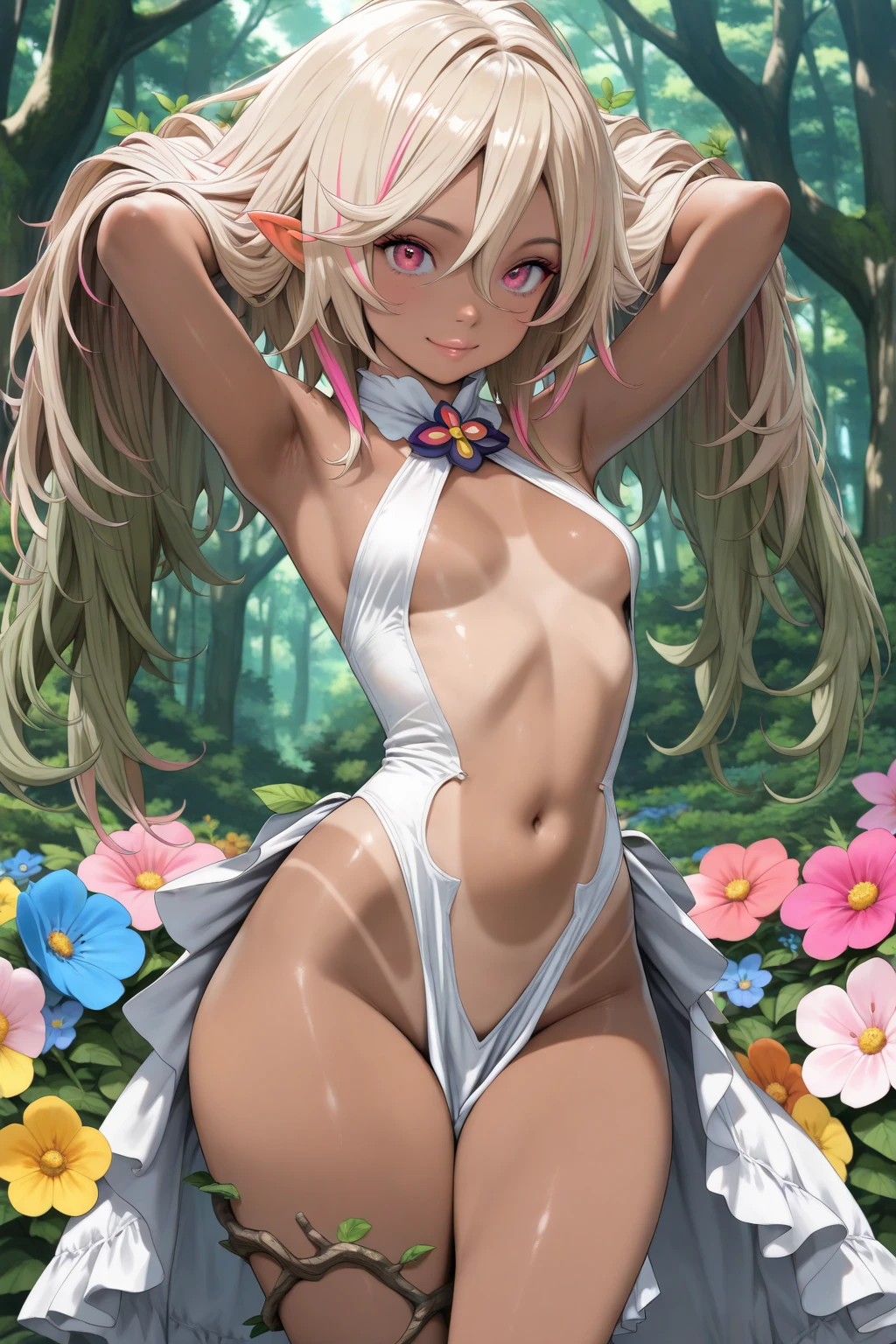 young girl 15 ,, very long hair that touches the ground, platinum ruby hair, iridescent eyes, very thin body , very small breasts, Wide hips, small waist , shining lips , (naked), , very small young woman and thin , stop in a pasture, wreath made of cherry branches , surrounded by forest spirits shaped like orbs of light , forest spirits animals, flirtatious smile, bathed in semen
