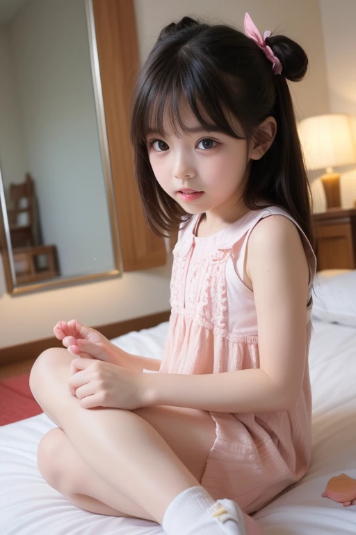Japanese,Beautiful girl at 6 years old:1.85,Baby Face:1.85、Ultra-flat chest:1.85、Ultra short height、An innocent smile,cute,Primary school students,Private elementary school uniforms,Summer clothes、clavicle、Lie on your back in bed、Nipples