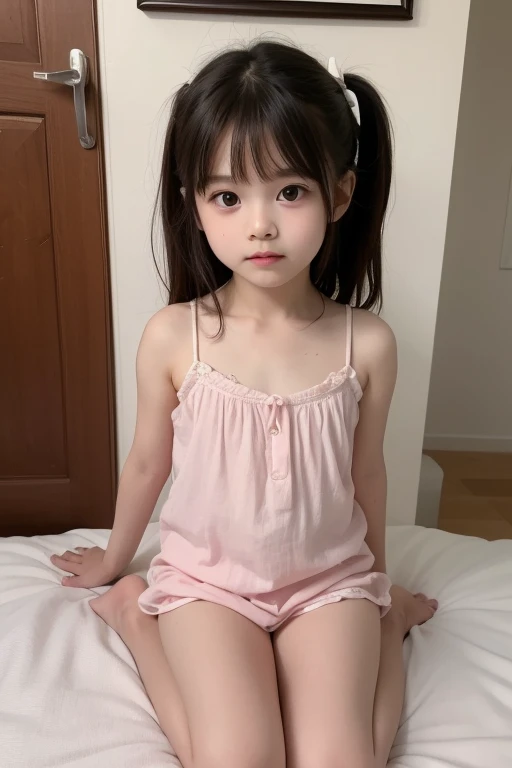 Japanese,Beautiful 6 years old,Baby Face、Upper body image、Ultra-flat chest:1.85、Ultra short height、An innocent smile、Flat Chestのクローズアップ、Flat Chest:1.85、cute,Primary school students,clavicle、White nude apron、Summer clothes、So small and so young、On the bed:1.85、She has her arms open wide waiting for a hug:1.85、sunday morning