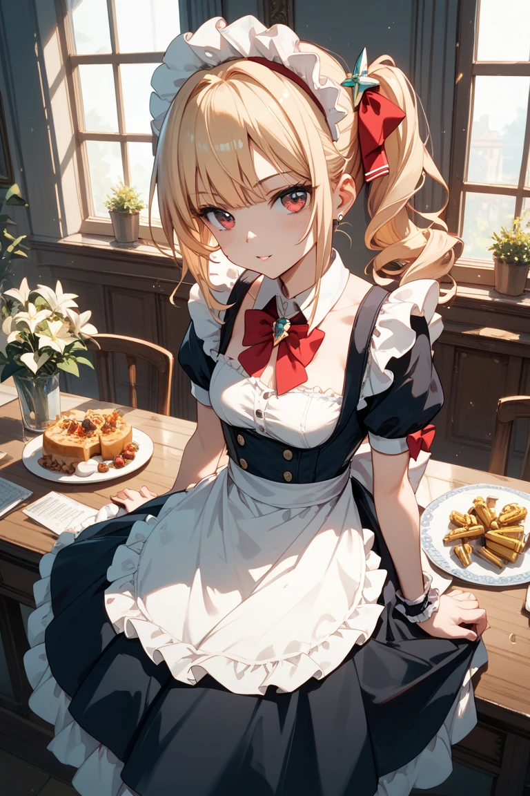 (masterpiece, best quality), 1girl, blonde hair, red dress, pantyhose, cute face, blush, <lora:add_detail:1>