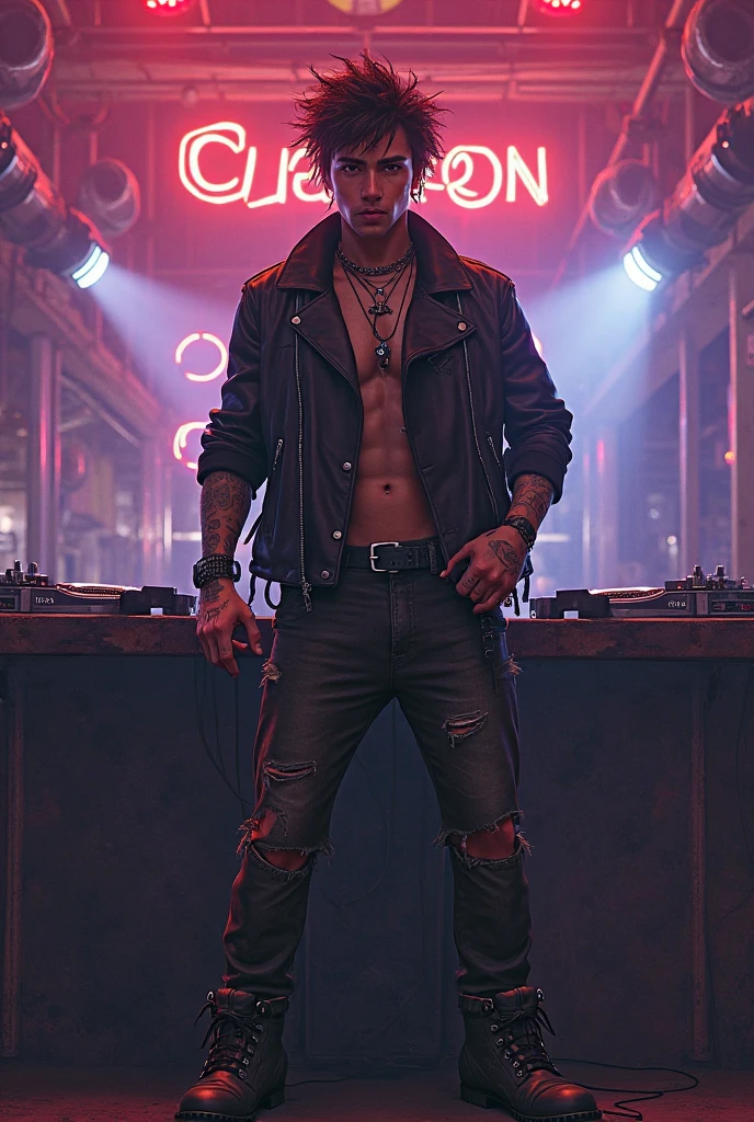 Cyberpunk, Male, attractive male, athletic, sex worker, cyberpunk sex worker, street worker, cyberpunk street worker, bright and colorful clothing, male sex worker, no female in focus, tight clothing, see through clothing, flashy clothing, only one male